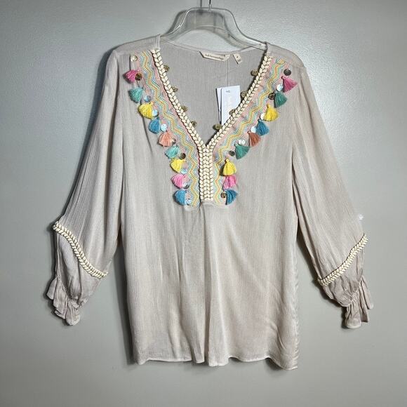 NWT Soft Surroundings Clementine Tassel Tunic Embroidered Boho Beige Medium - Picture 3 of 11